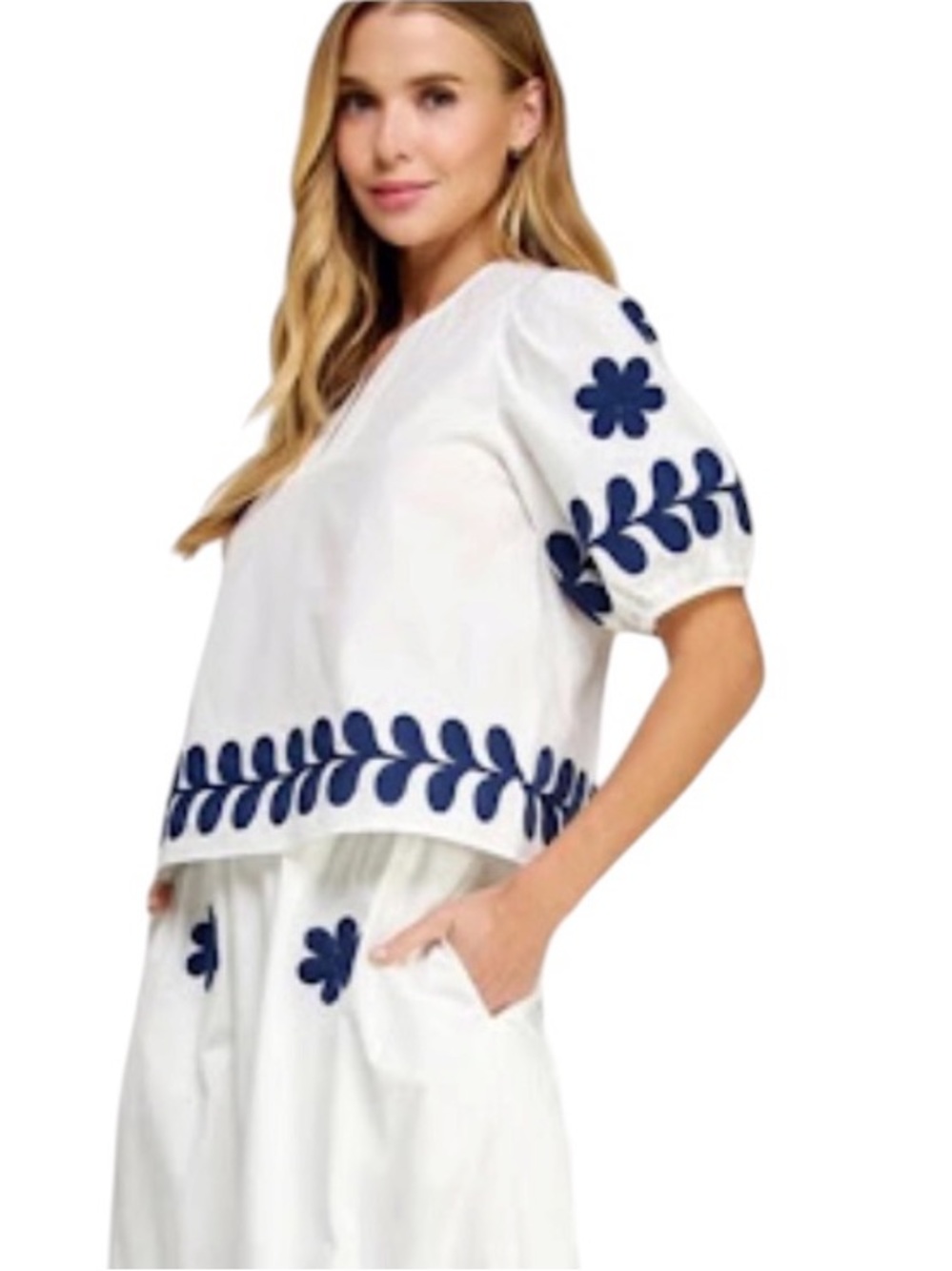 Strut & Bolt white cotton v-neck navy embroidered floral short puff sleeve top